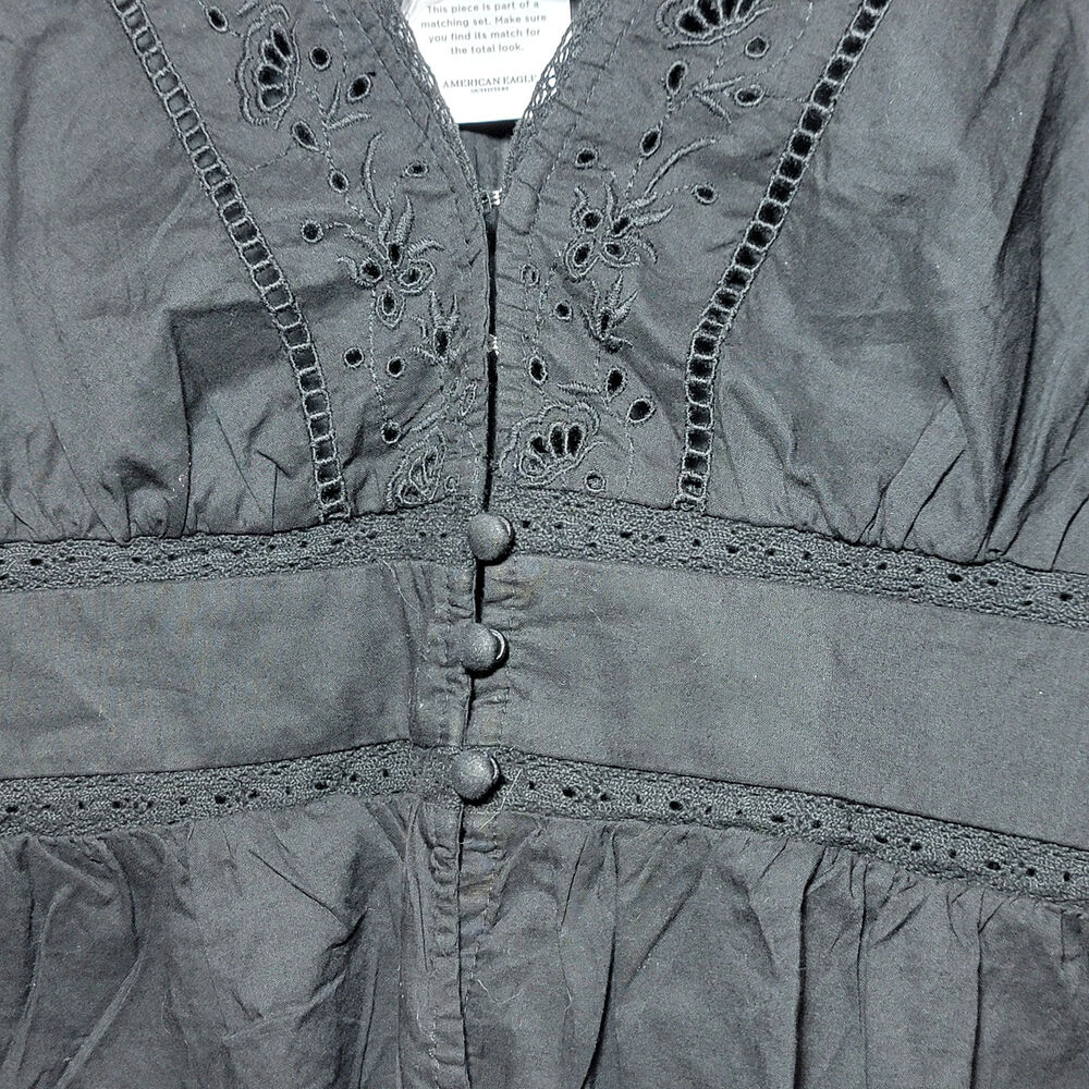 American Eagle NWT Eyelet Embroidered Cotton Peplum Blouse Black XS V Neck - Picture 4 of 11